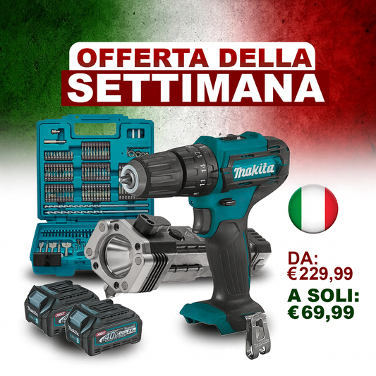 KIT ORIGINALE - Trapano Avvitatore Professionale 48V – Kit Completo con 2 Batterie + 45 Accessori + Torcia Tattica Omaggio | Prestazioni Elevate e Qualità Garantita